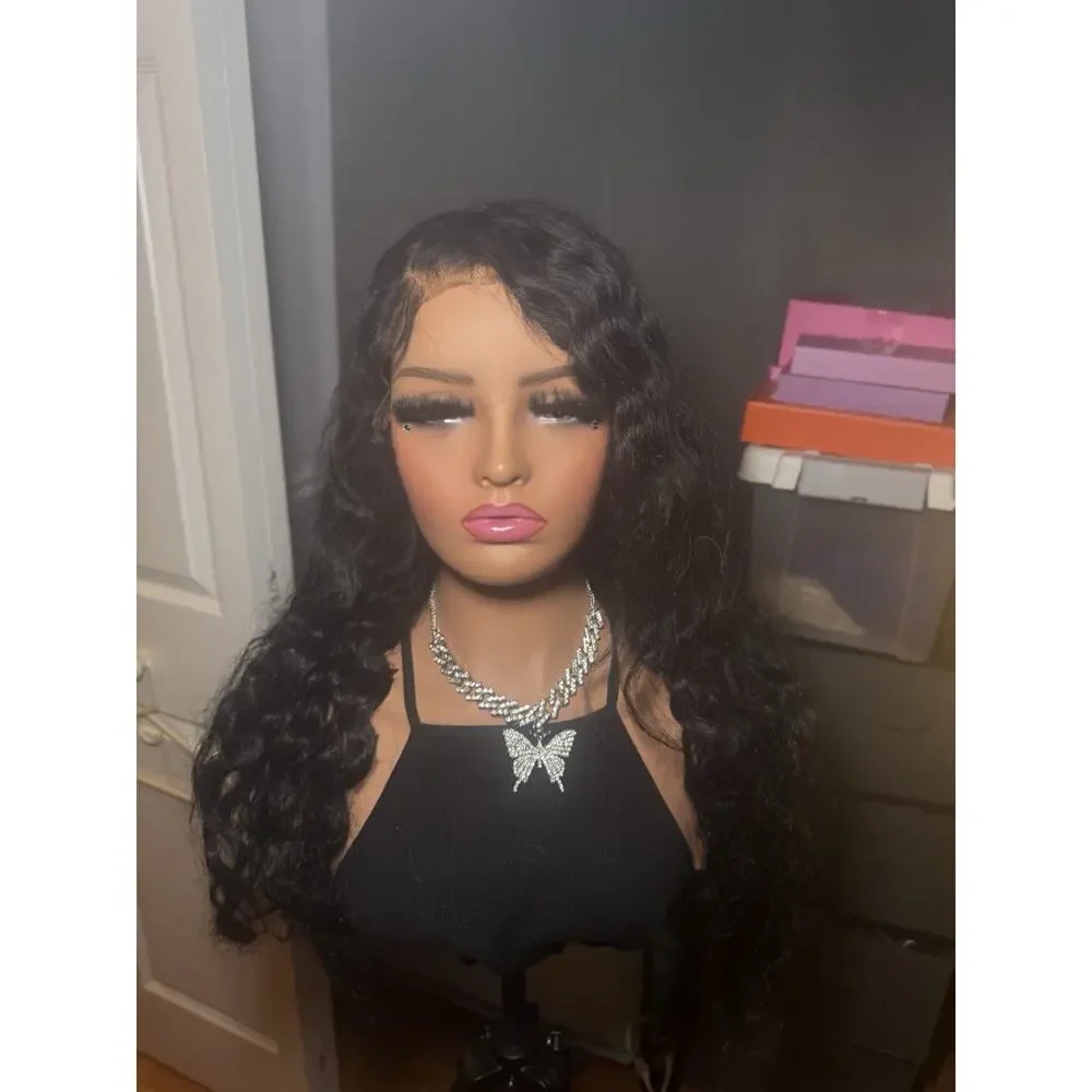 100% Human Hair Wig 13x6 Lace Front Black Wavy Pre-Plucked Customized
